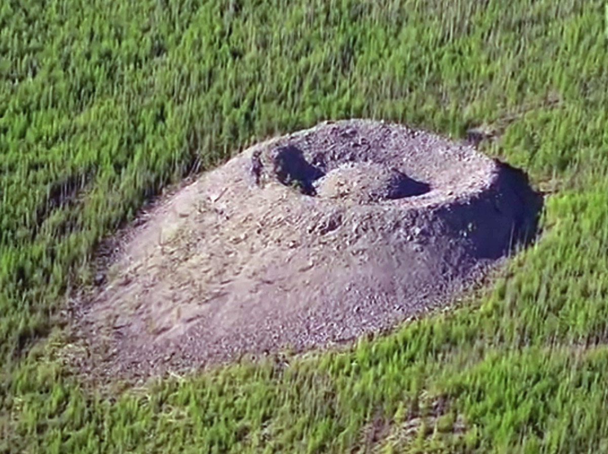 El cráter de Potomskiy sigue ahí en medio de la vegetación  peculiar de una zona de taiga de la helada Siberia.