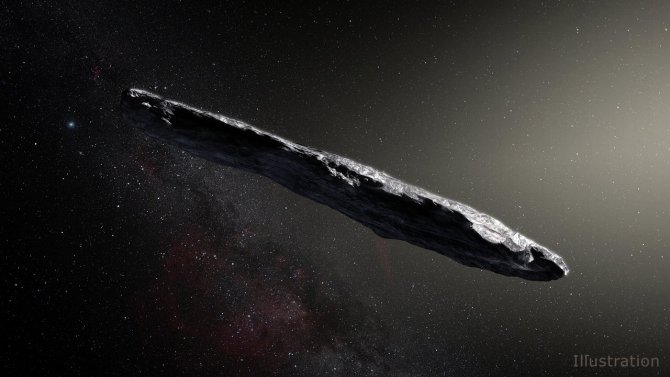 Ilustración del asteroide interestelar Oumuamua. (Imagen: European Southern Observatory / M. Kornmesser)