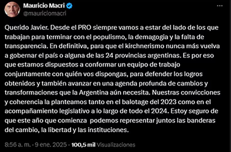 El posteo de Macri respondi&eacute;ndole a Milei