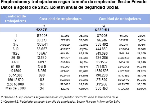 Empleadores y trabajadores seg&uacute; el tama&ntilde;o del empleador. <br/>
Agosto, 2025.